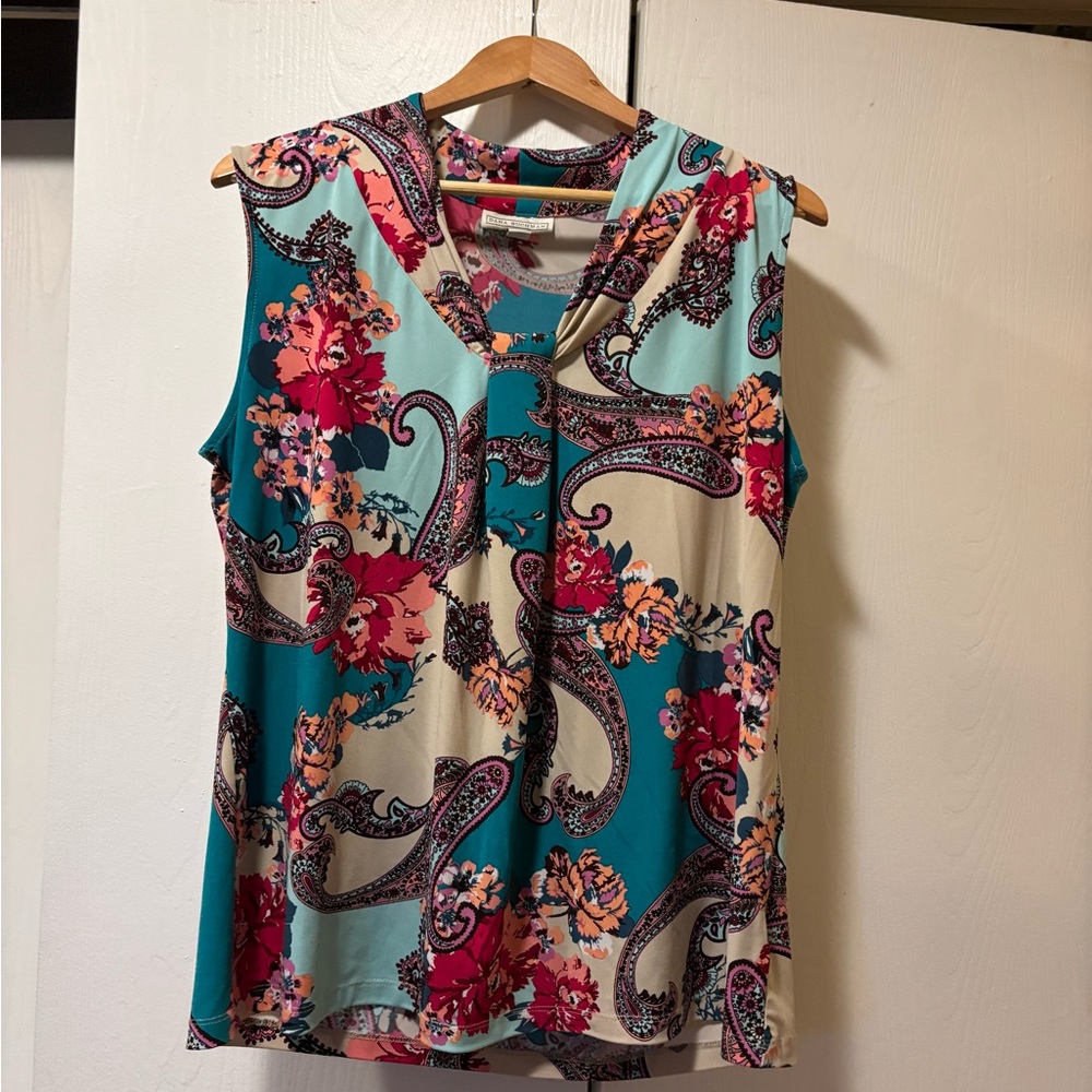 Dana Buchman Teal, Cream & Magenta Paisley Floral Twist-Neck Tank